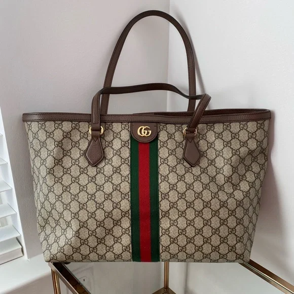 Gucci Beige Monogram Tote with Green and Red Web Stripe and Brown Trim - Picture 8 of 16